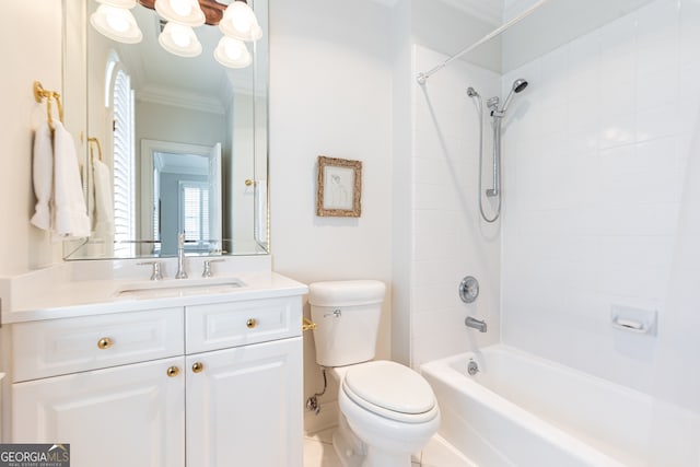 bathroom with tub / shower combination, vanity, toilet, and crown molding