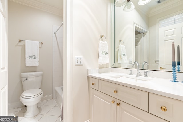 full bath with vanity, baseboards, ornamental molding, tile patterned flooring, and toilet