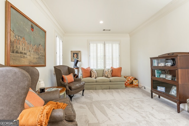 living area with crown molding, a wealth of natural light, and carpet floors