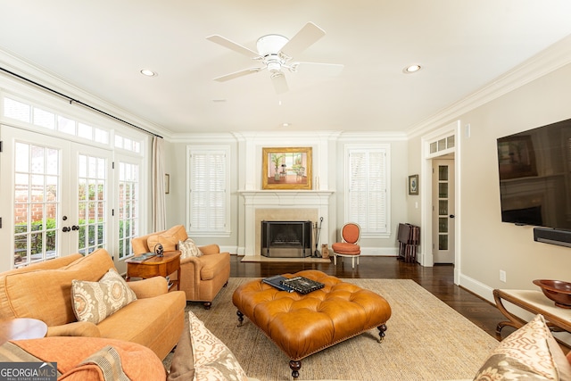 living area featuring ornamental molding, dark wood-style floors, french doors, a fireplace, and baseboards