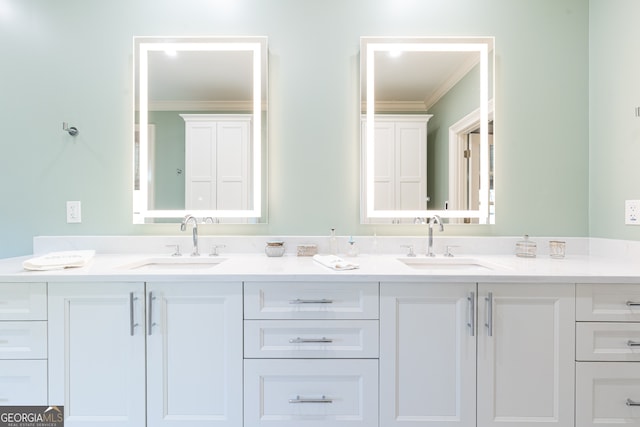 bathroom with a sink, double vanity, and crown molding