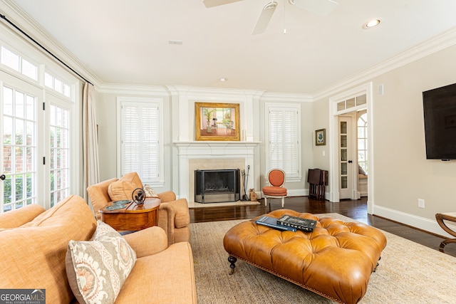 living area with baseboards, dark wood finished floors, a premium fireplace, ornamental molding, and recessed lighting