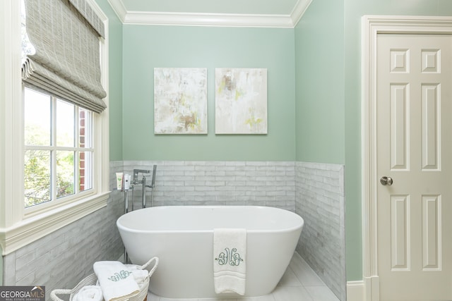 bathroom with a freestanding tub, ornamental molding, and wainscoting