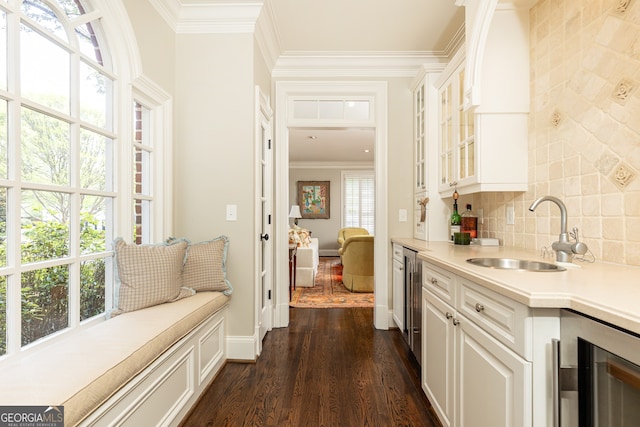 interior space featuring crown molding, dark wood-type flooring, beverage cooler, decorative backsplash, and a sink