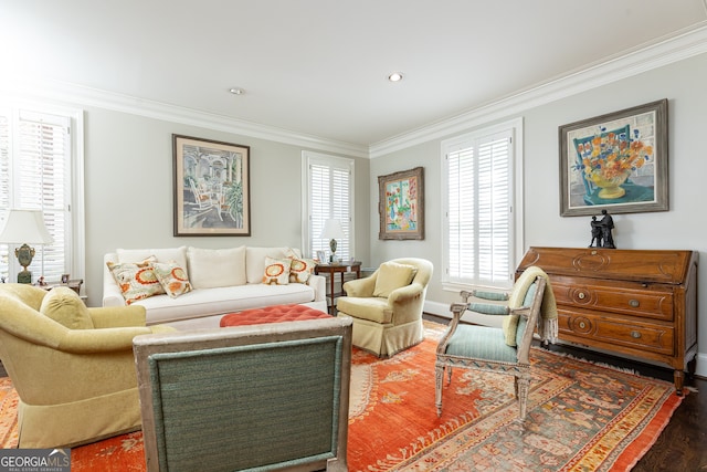 living room with recessed lighting, wood finished floors, and ornamental molding