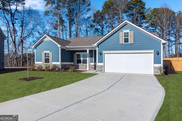 view of front facade with concrete driveway, a front lawn, central AC unit, and fence