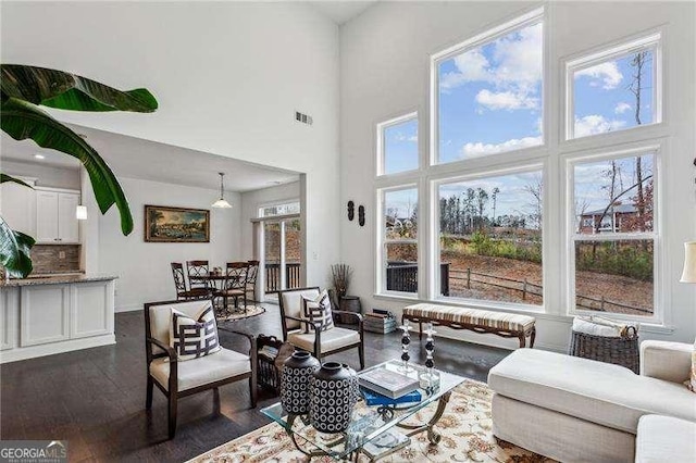 living room with visible vents, dark wood finished floors, and a towering ceiling