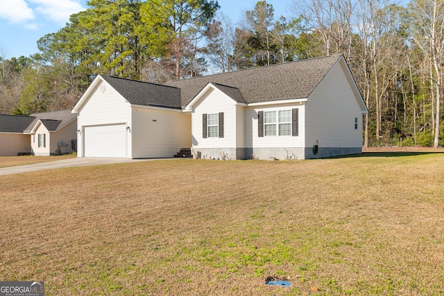 ranch-style home with a garage, a shingled roof, a front lawn, and concrete driveway