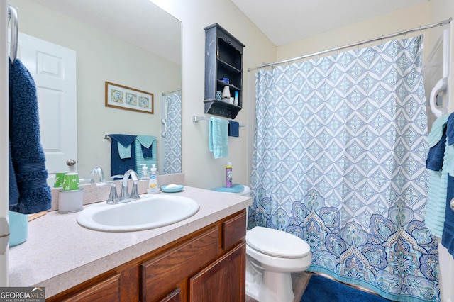 bathroom featuring curtained shower, vanity, and toilet