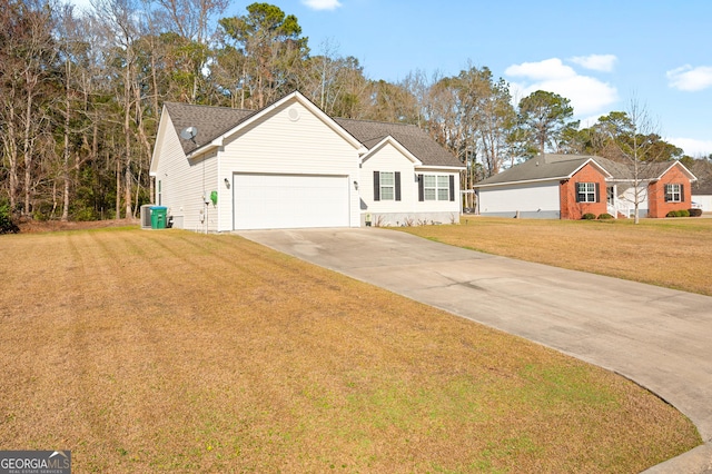 single story home featuring driveway, a front lawn, central AC, and an attached garage