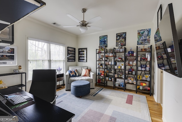 office featuring light wood finished floors, ceiling fan, visible vents, and ornamental molding