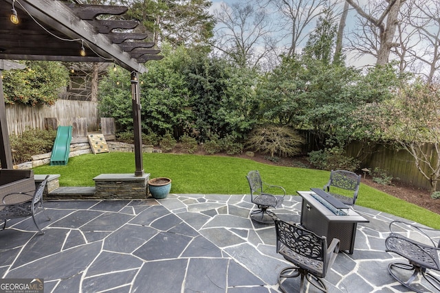 view of patio / terrace featuring a fenced backyard and a pergola