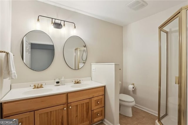 bathroom featuring visible vents, a sink, toilet, and double vanity