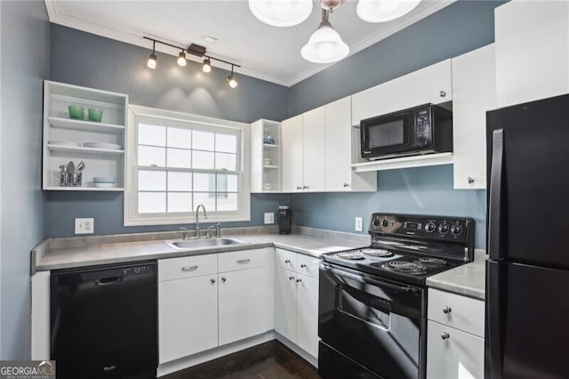 kitchen featuring open shelves, a sink, white cabinetry, black appliances, and crown molding