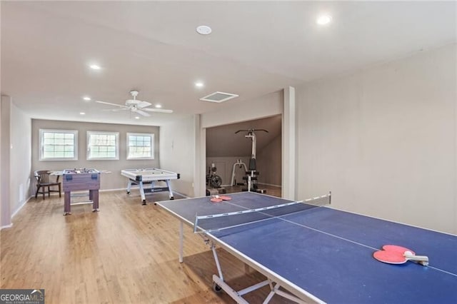 game room with light wood-style floors, recessed lighting, and ceiling fan