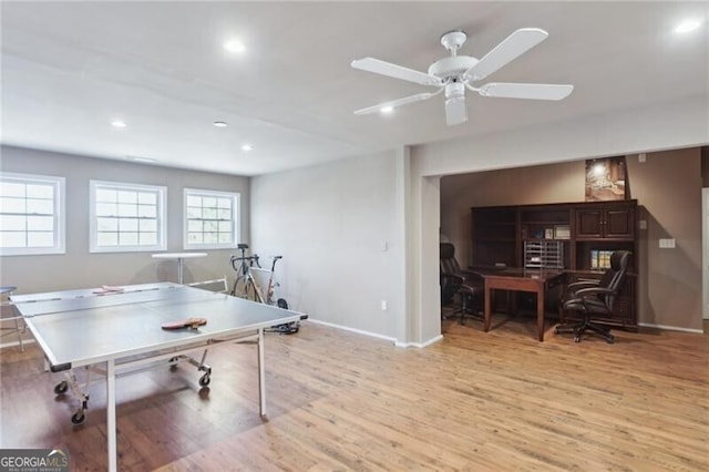 playroom featuring light wood-style floors, recessed lighting, baseboards, and a ceiling fan