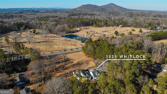 aerial view featuring a mountain view and a view of trees