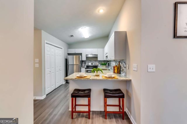 2139 Hickory Bnd SE Unit E, Conyers, GA 30013 - kitchen featuring stainless steel appliances, wood finished floors, a peninsula, tasteful backsplash, and lofted ceiling