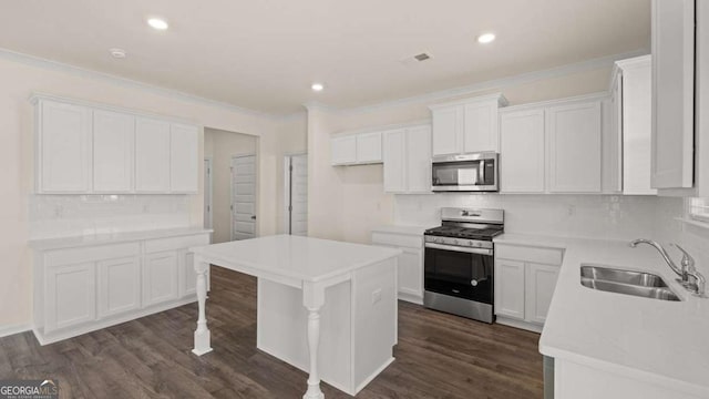 1069 Blue Juniper Cir, Loganville, GA 30052 - kitchen featuring visible vents, white cabinets, appliances with stainless steel finishes, dark wood-type flooring, and a sink
