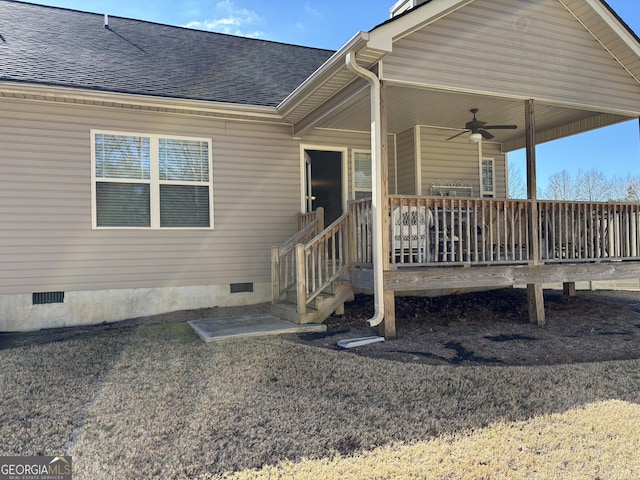 property entrance with crawl space, a ceiling fan, and roof with shingles