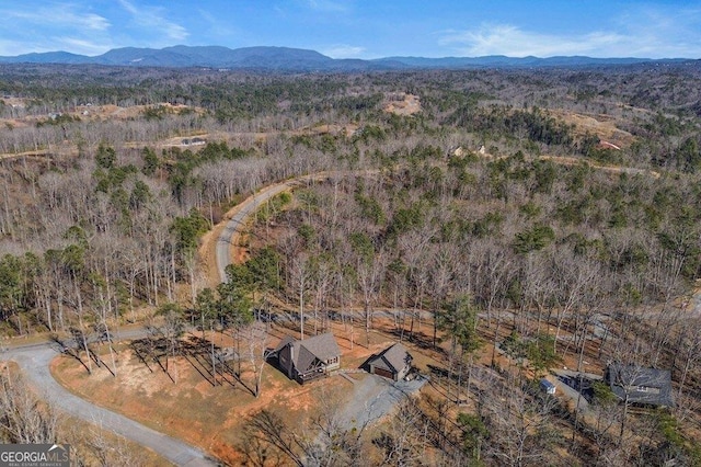 drone / aerial view featuring a mountain view and a forest view