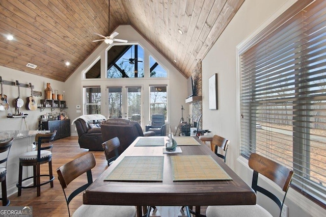 dining area with visible vents, wooden ceiling, ceiling fan, wood finished floors, and high vaulted ceiling