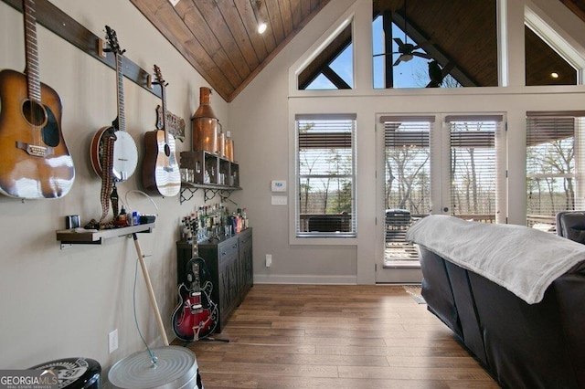 entryway with ceiling fan, wood finished floors, lofted ceiling, and a healthy amount of sunlight