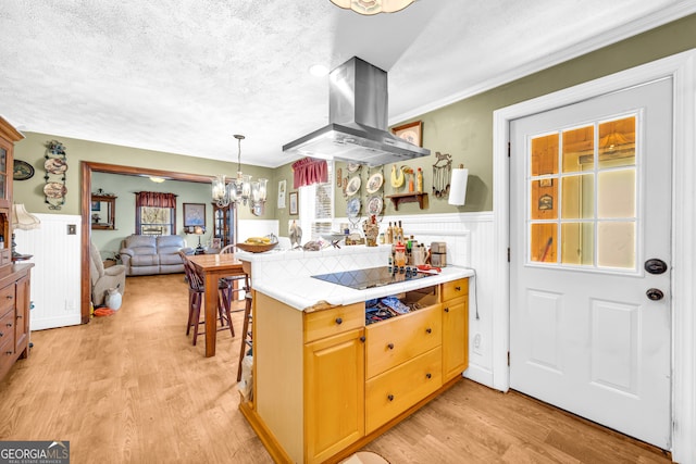 kitchen featuring a textured ceiling, black electric stovetop, wainscoting, and island range hood