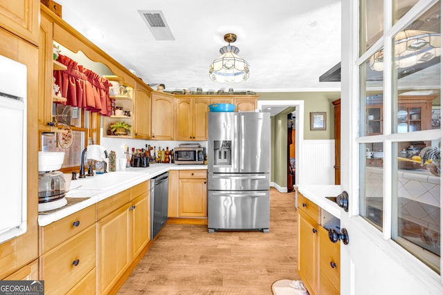 kitchen with open shelves, stainless steel appliances, visible vents, light wood-style flooring, and a sink