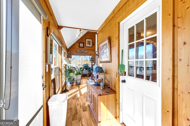 doorway with vaulted ceiling, wood walls, and wood finished floors