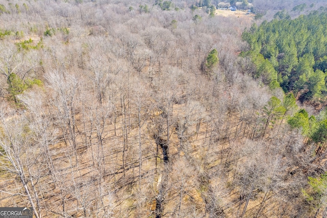 aerial view featuring a wooded view