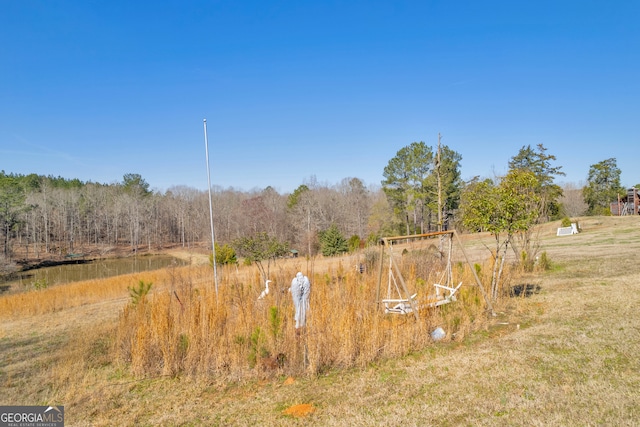 view of yard with a forest view