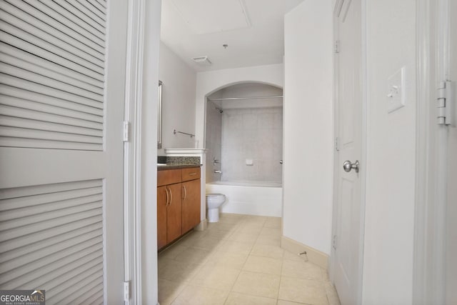 bathroom with tile patterned flooring, vanity, toilet, shower / washtub combination, and visible vents