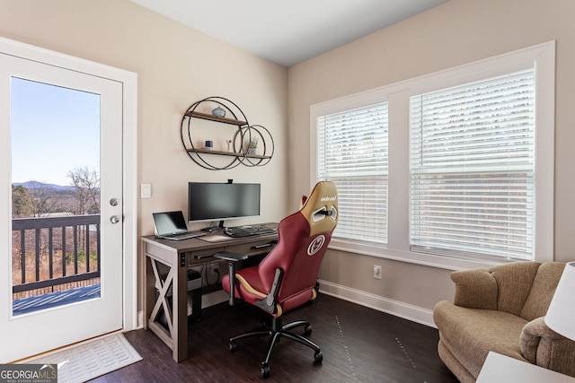 office space featuring dark wood-style floors and baseboards