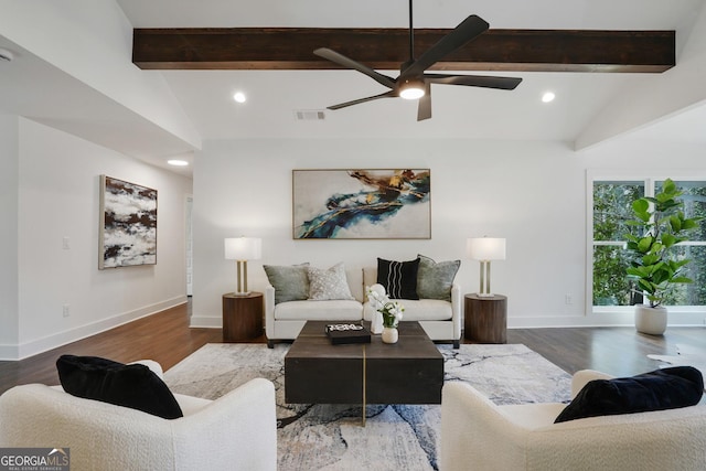 living room featuring vaulted ceiling with beams, visible vents, and recessed lighting