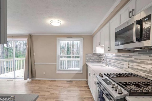 kitchen with light wood finished floors, tasteful backsplash, appliances with stainless steel finishes, and a sink