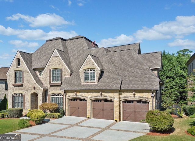 french provincial home with a garage, concrete driveway, a shingled roof, and brick siding