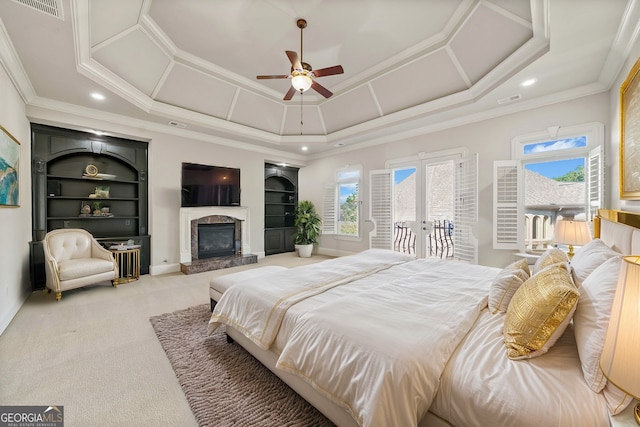 bedroom with carpet floors, access to exterior, multiple windows, and visible vents