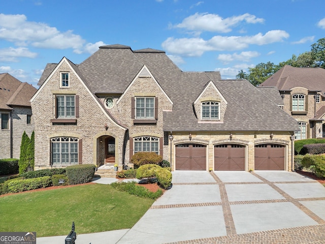 french country inspired facade with roof with shingles, concrete driveway, and brick siding