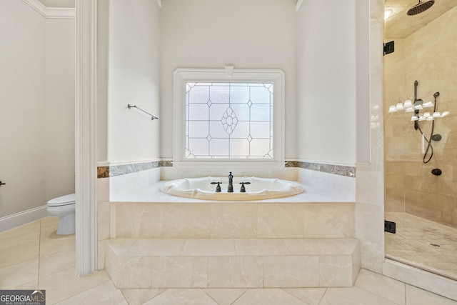 bathroom with toilet, a stall shower, tile patterned flooring, and a bath