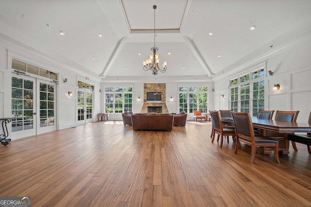 living area featuring high vaulted ceiling, a fireplace, wood finished floors, and a wealth of natural light