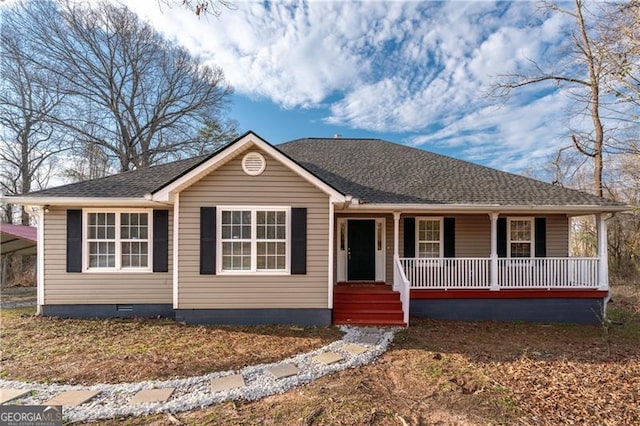 ranch-style home featuring covered porch, roof with shingles, and crawl space