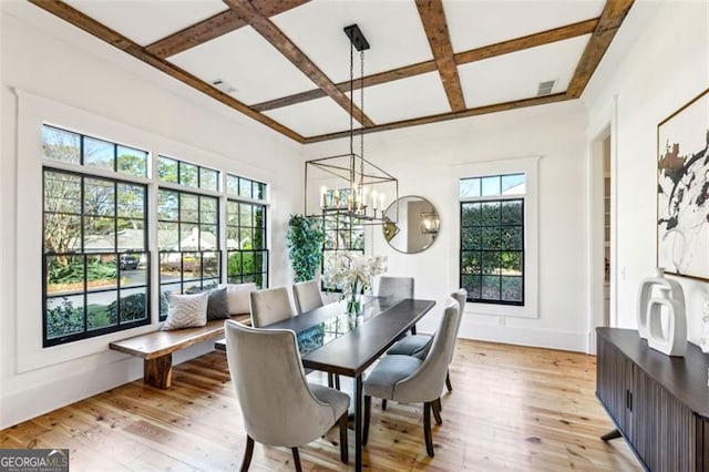 dining space with light wood-style flooring, an inviting chandelier, coffered ceiling, beamed ceiling, and baseboards