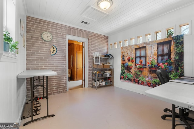 home office with visible vents, brick wall, ornamental molding, wood ceiling, and concrete flooring