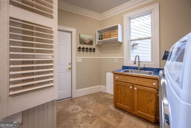 132 Sanderlin Mountain Dr S, Big Canoe, GA 30143 - laundry area with cabinet space, crown molding, stone finish flooring, and a wainscoted wall