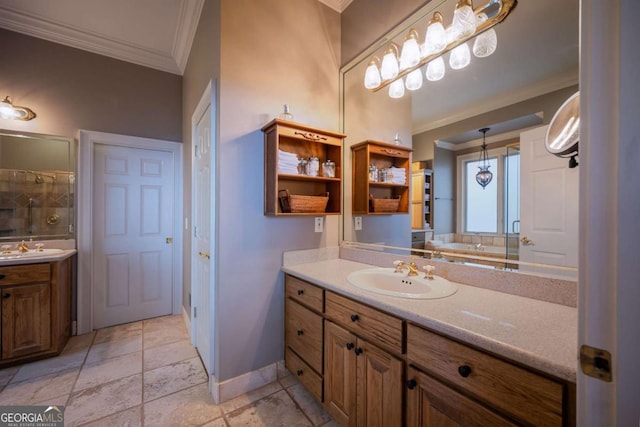 132 Sanderlin Mountain Dr S, Big Canoe, GA 30143 - bathroom with crown molding, baseboards, two vanities, and a shower