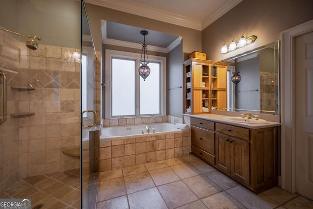 132 Sanderlin Mountain Dr S, Big Canoe, GA 30143 - full bathroom featuring a shower stall, a bath, vanity, and ornamental molding