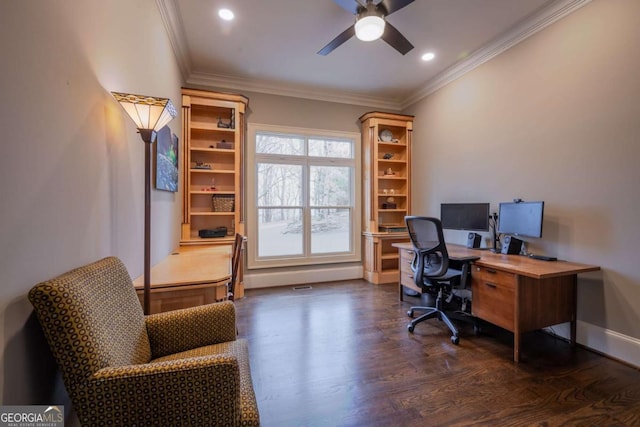 132 Sanderlin Mountain Dr S, Big Canoe, GA 30143 - office area with ceiling fan, wood finished floors, ornamental molding, baseboards, and recessed lighting