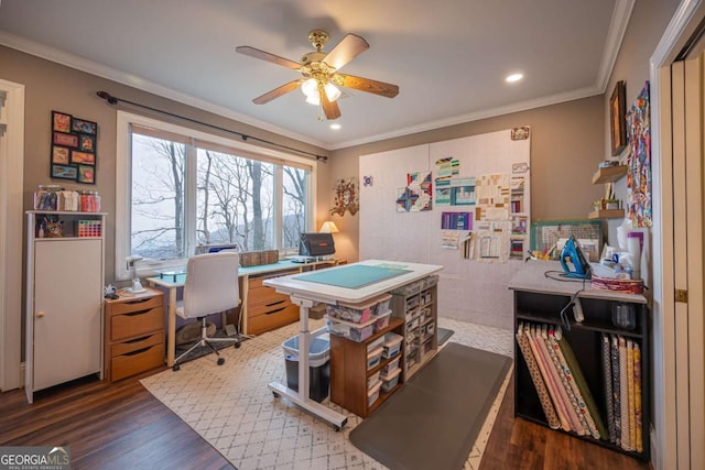 132 Sanderlin Mountain Dr S, Big Canoe, GA 30143 - home office featuring ceiling fan, wood finished floors, crown molding, and recessed lighting