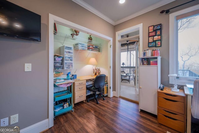 132 Sanderlin Mountain Dr S, Big Canoe, GA 30143 - home office featuring crown molding, dark wood finished floors, baseboards, and recessed lighting